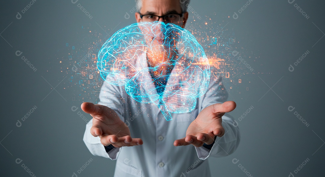 Retrato realista homem tocando em linhas em formato de cérebro