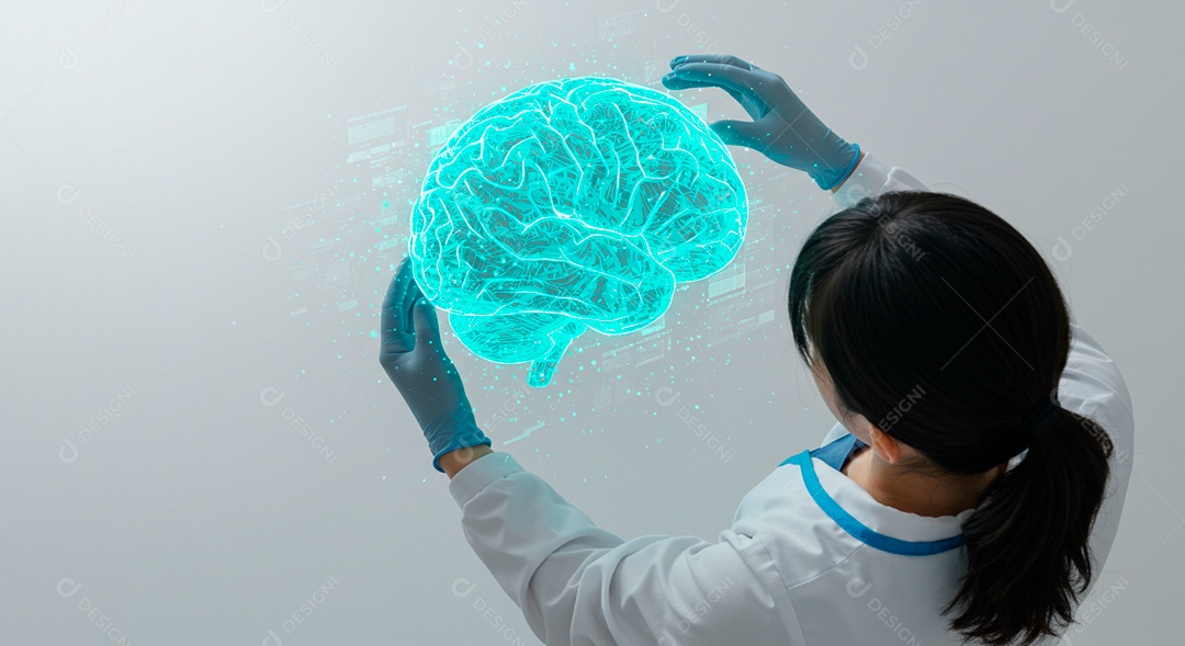 Retrato realista mulher tocando em linhas em formato de cérebro