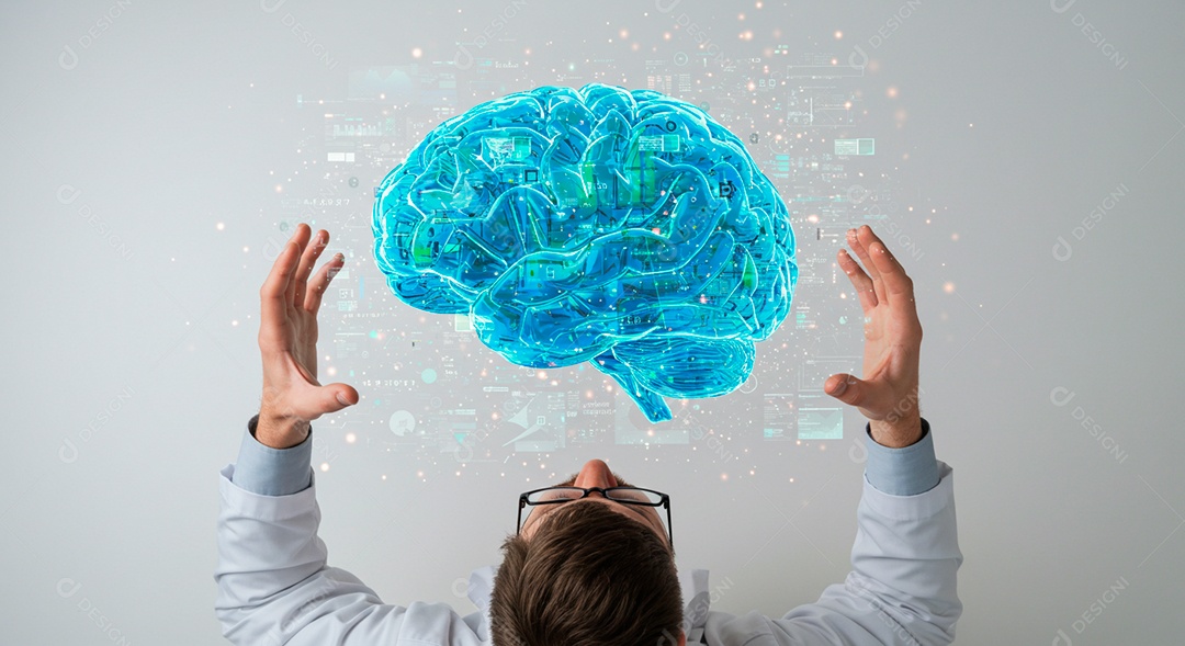 Retrato realista de mulher tocando em linhas em formato de cérebro