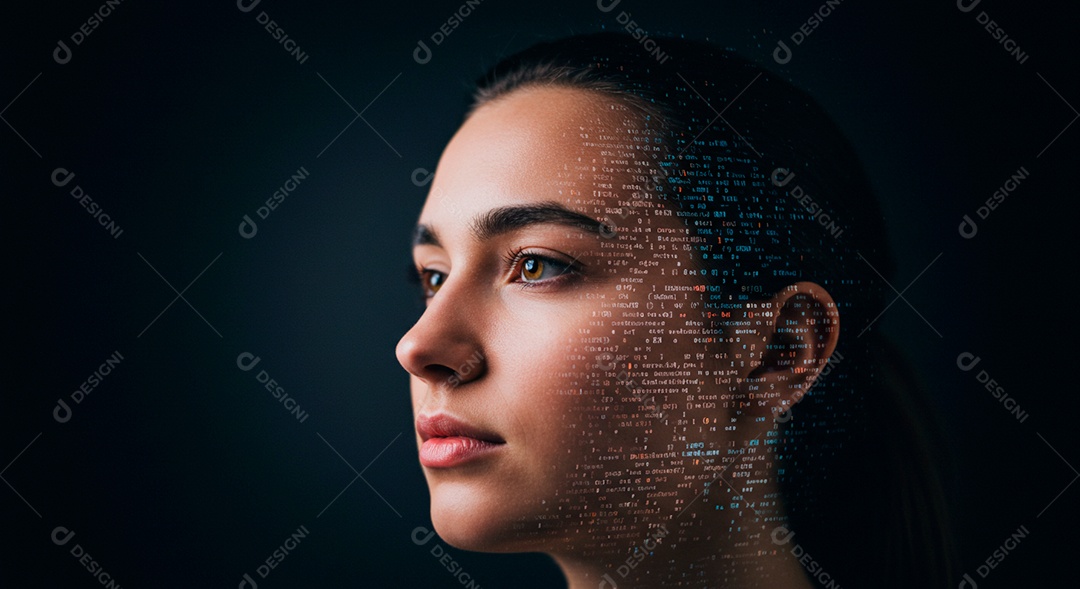 Mulher jovem usando tecnologias avançada de IA