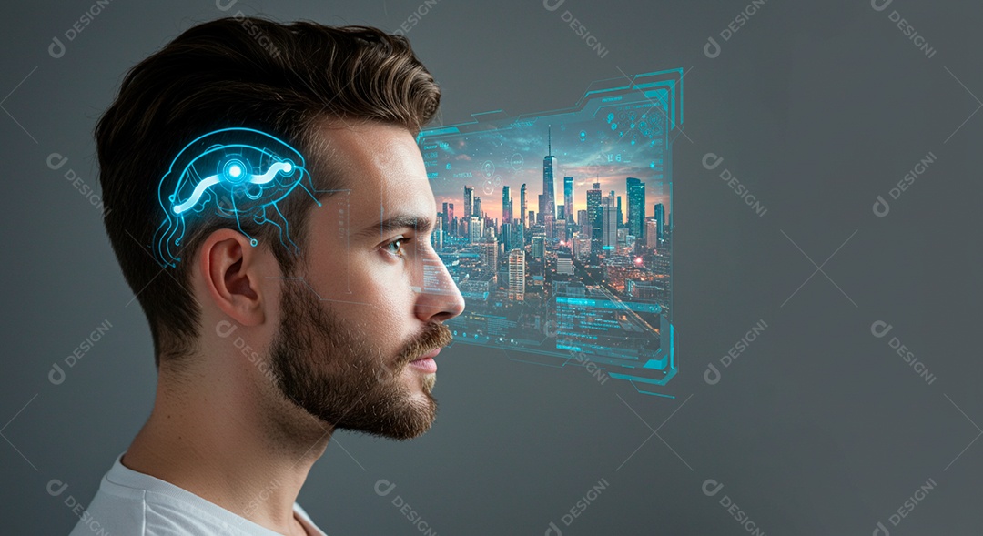 Homem jovem usando tecnologias avançada de IA