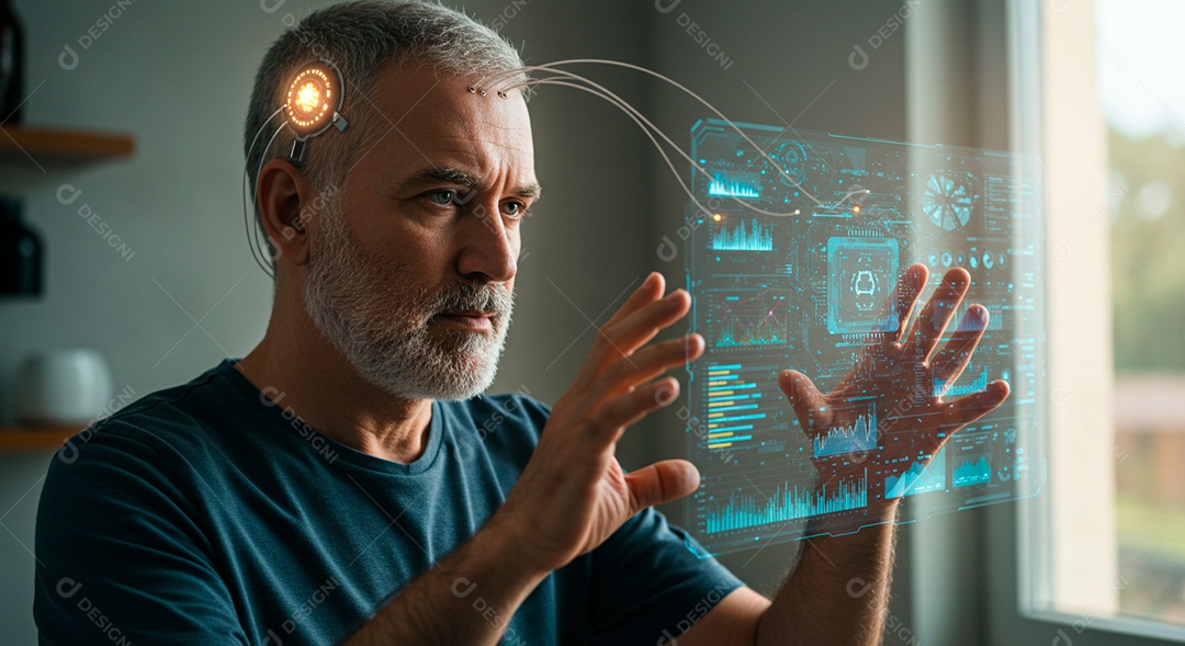 Homem idoso usando tecnologias avançada de IA