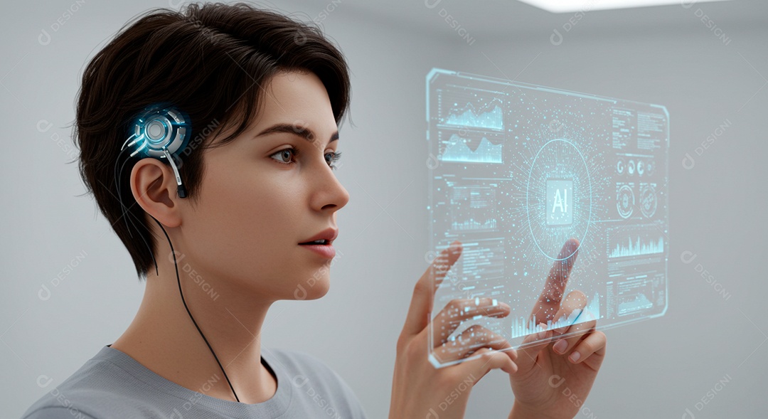 Mulher jovem usando tecnologias avançada de IA