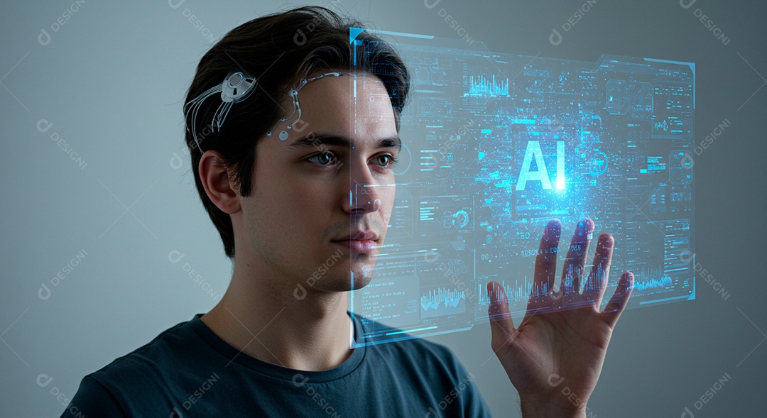 Homem jovem usando tecnologias avançada de IA