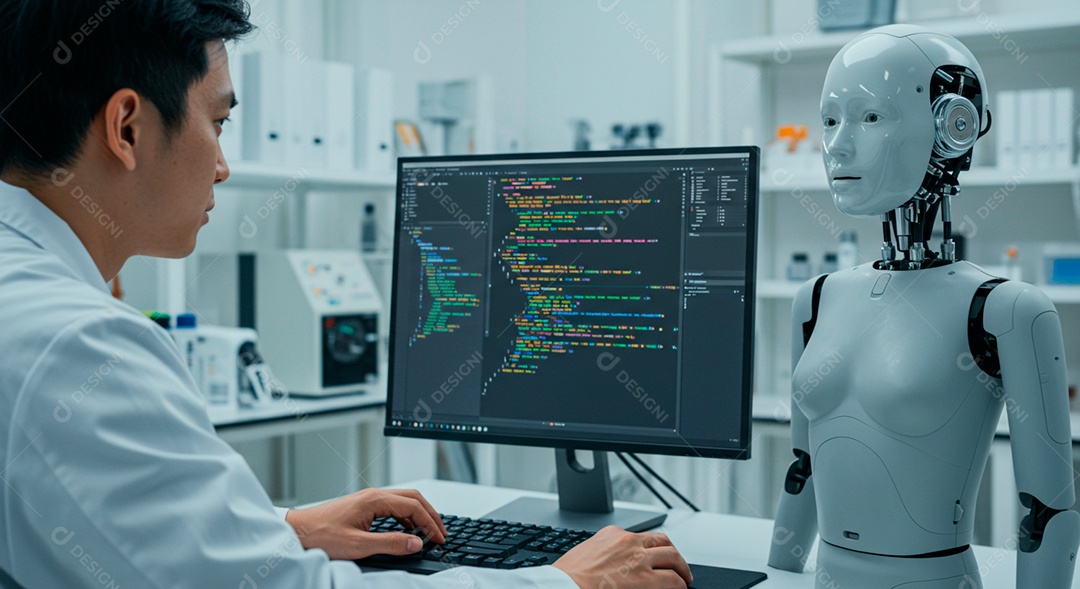 Retrato realista de homem jovem ao lado de Robô