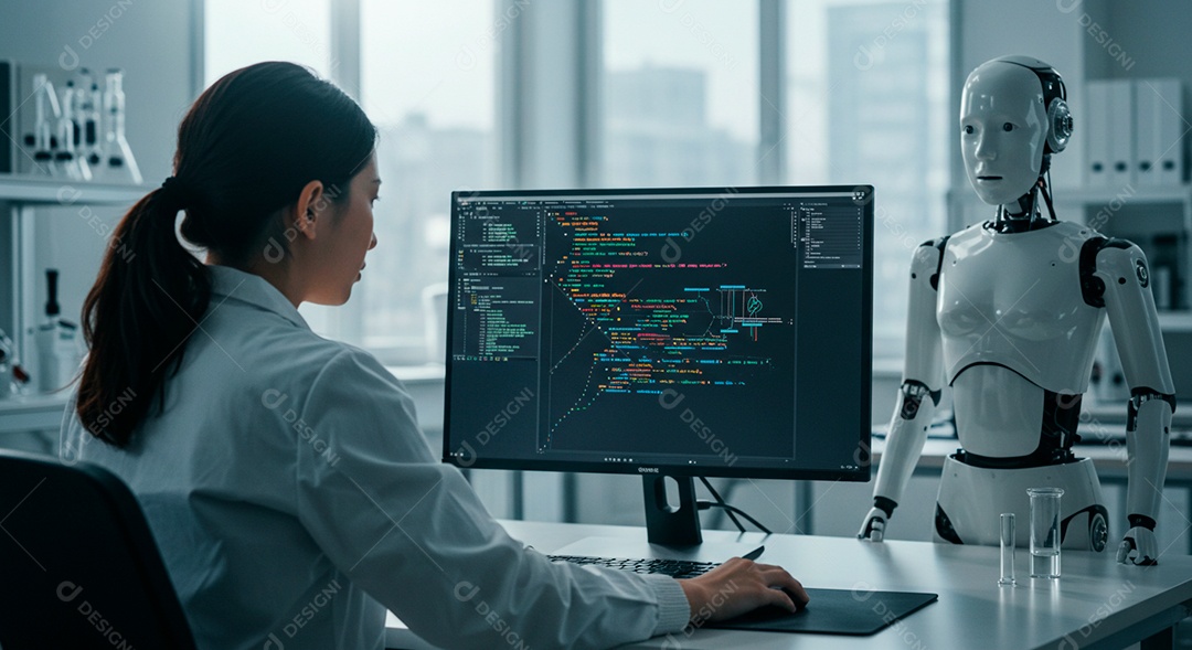 Retrato realista de mulher jovem ao lado de Robô