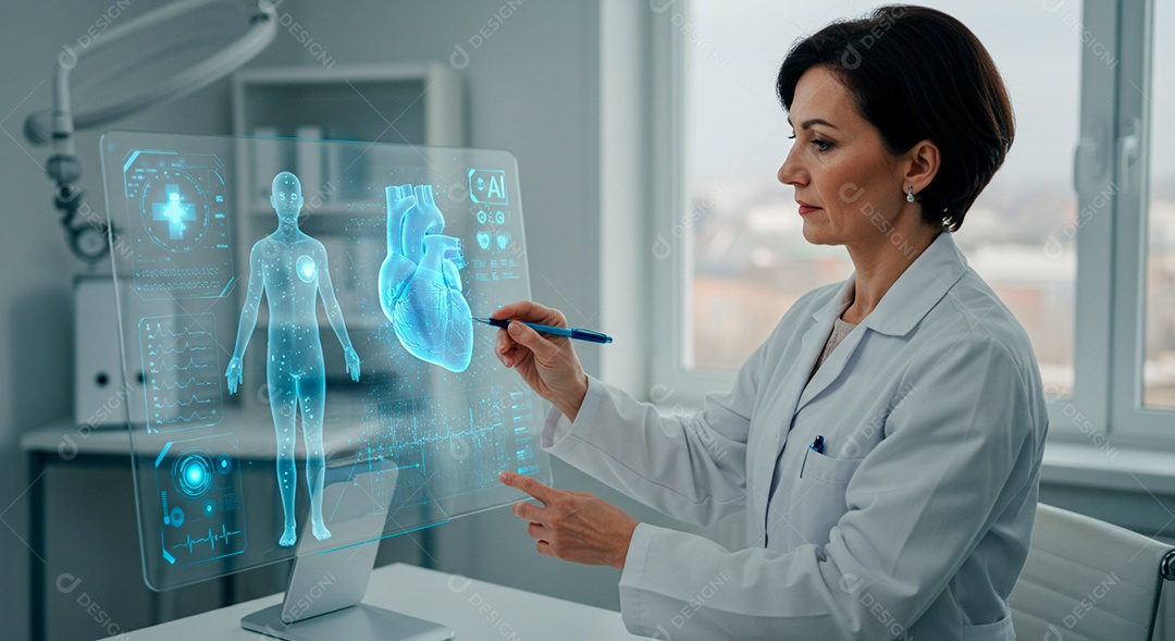 Mulher jovem usando tecnologias avançada de IA