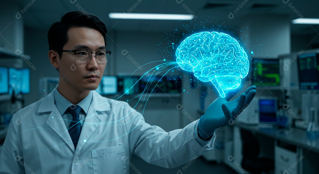 Homem jovem usando tecnologias avançada de IA