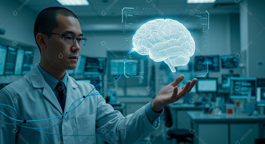 Homem jovem usando tecnologias avançada de IA