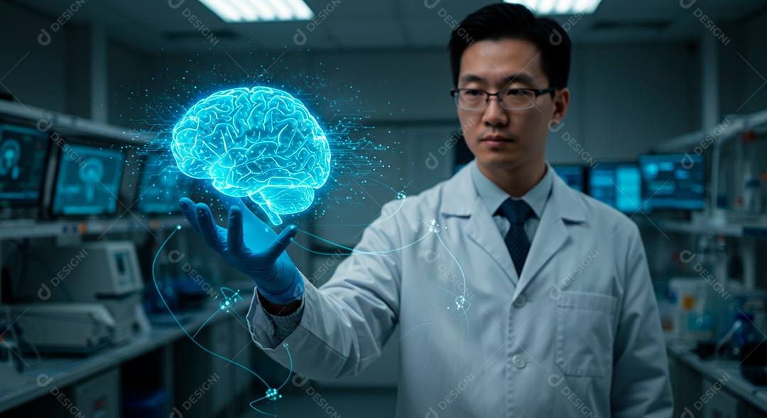 Homem jovem usando tecnologias avançada de IA