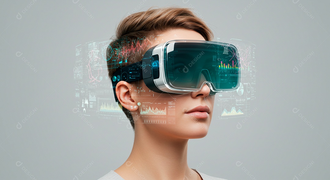 Mulher jovem usando óculos realidade virtual