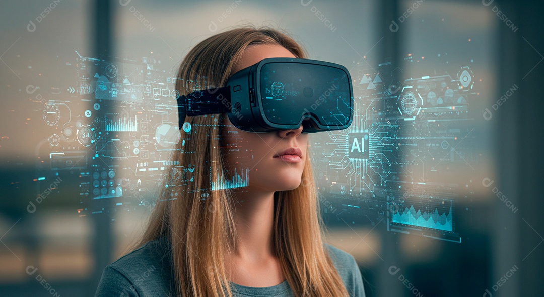 Mulher jovem usando óculos realidade virtual