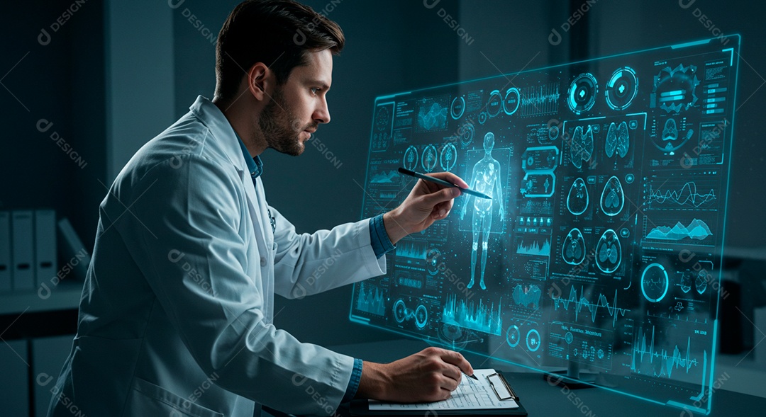 Homem jovem usando tecnologias avançada de IA