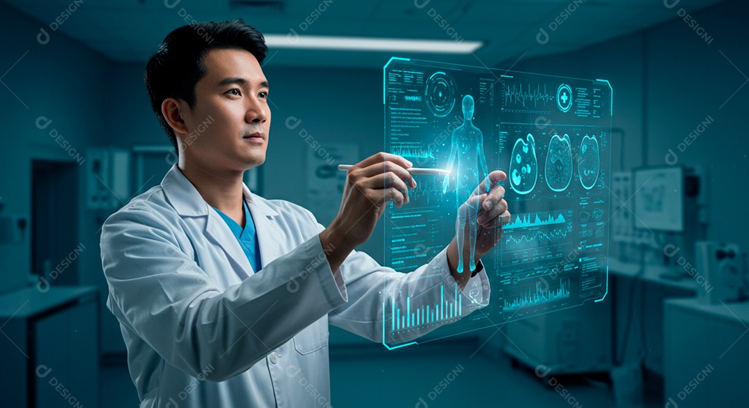 Homem jovem usando tecnologias avançada de IA