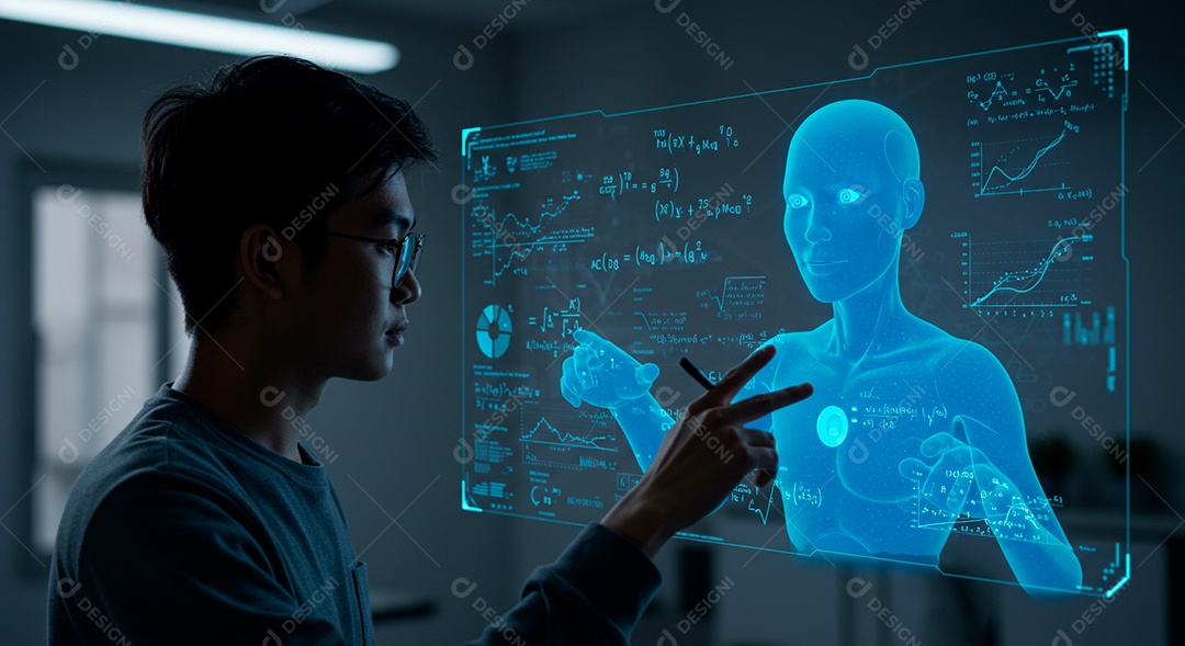 Homem jovem usando tecnologias avançada de IA