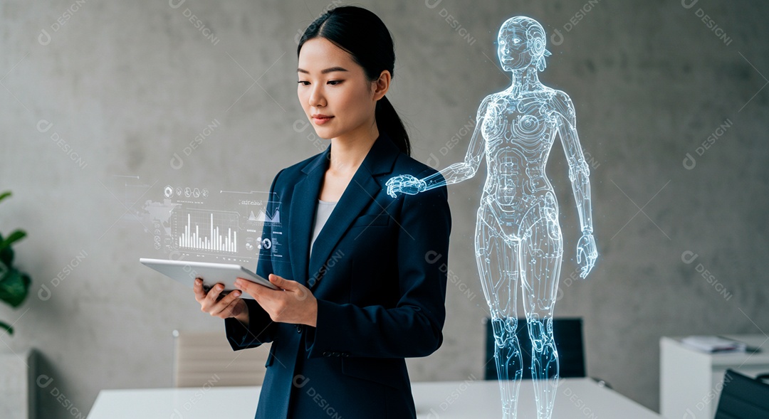 Mulher jovem usando tecnologias avançada de IA