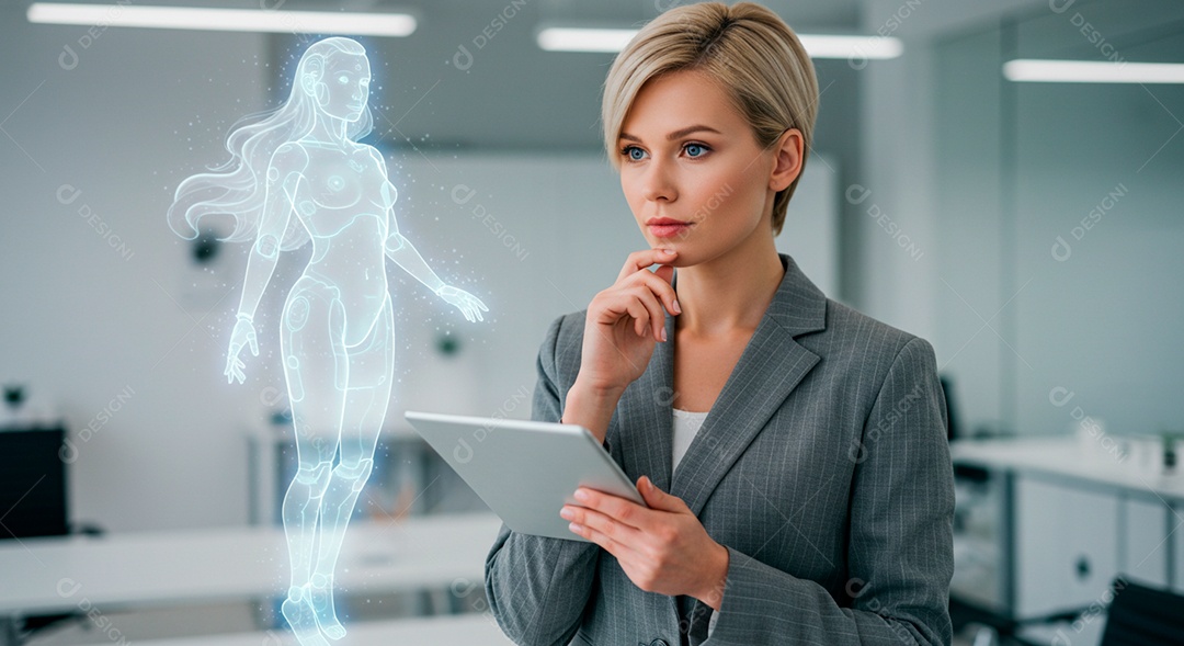 Mulher jovem usando tecnologias avançada de IA