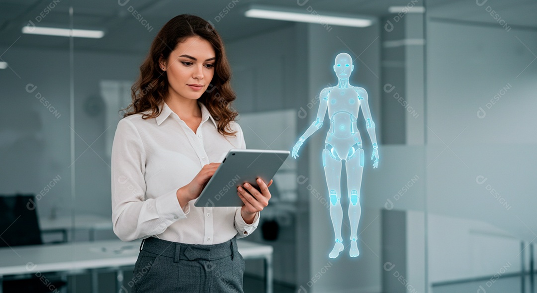 Mulher jovem usando tecnologias avançada de IA