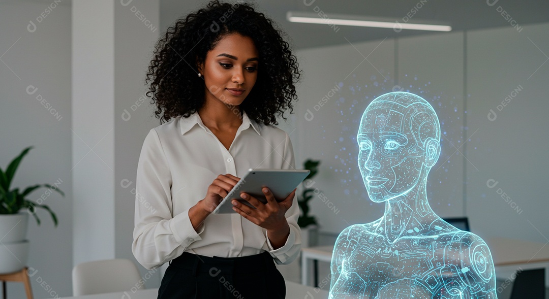 Mulher jovem usando tecnologias avançada de IA