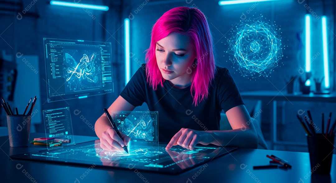 Mulher jovem usando tecnologias avançada de IA