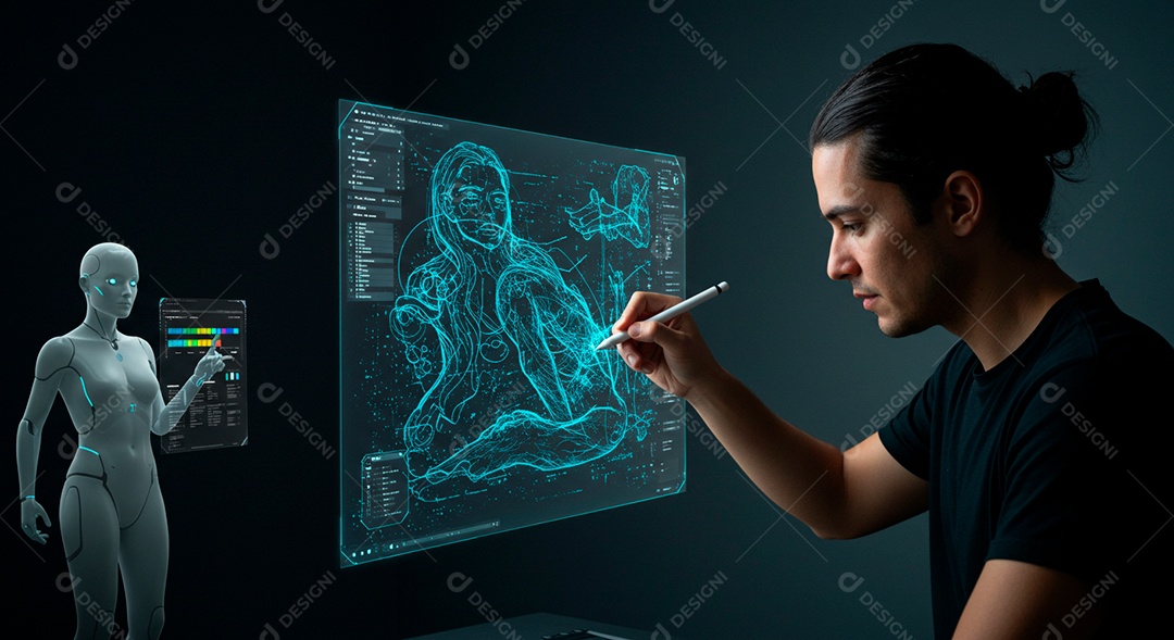 Homem jovem usando tecnologias avançada de IA