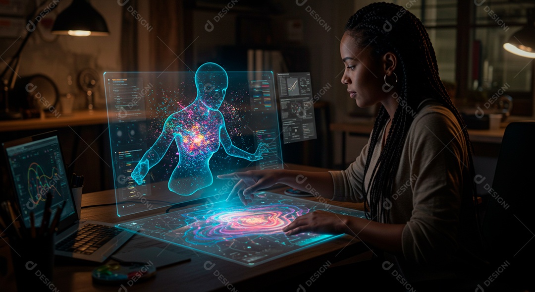 Mulher jovem usando tecnologias avançada de IA