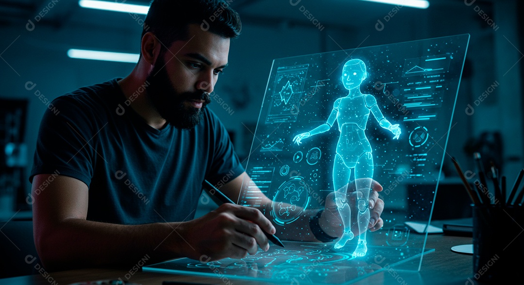 Homem jovem usando tecnologias avançada de IA