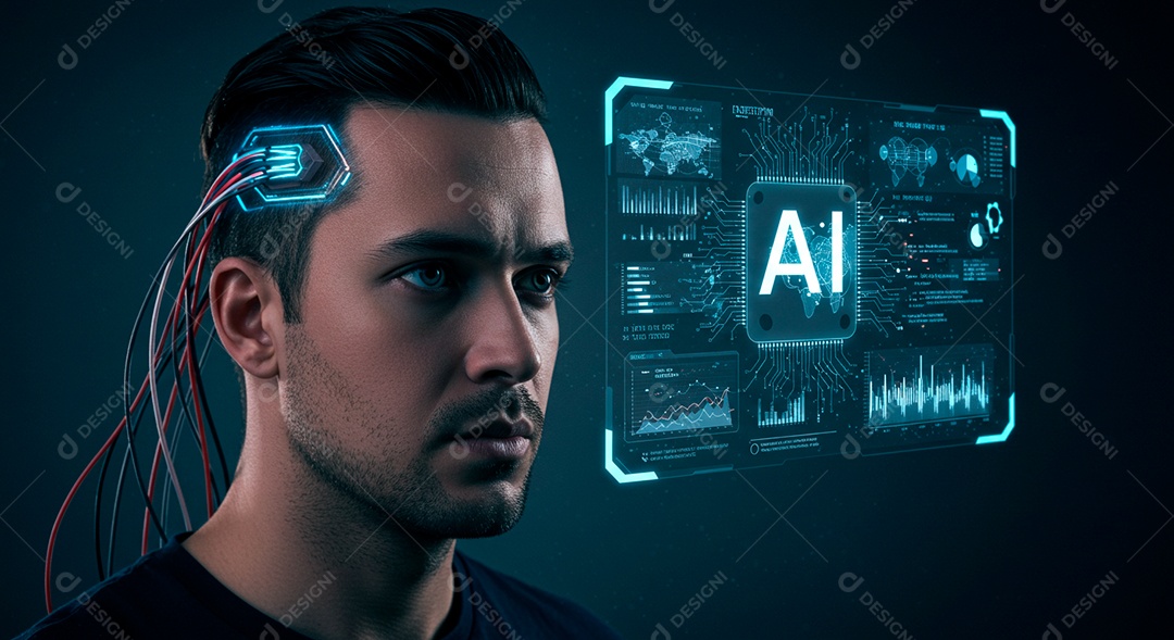 Homem jovem usando tecnologias avançada de IA