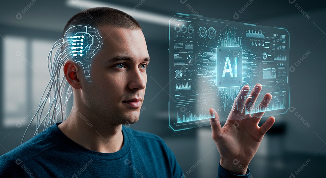 Homem jovem usando tecnologias avançada de IA