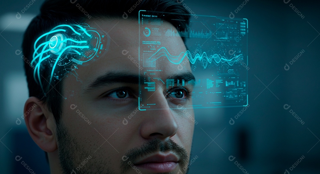 Mulher jovem usando tecnologias avançada de IA