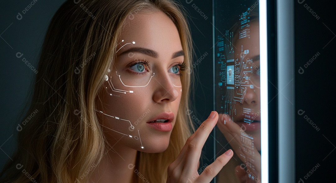 Mulher jovem usando tecnologias avançada de IA