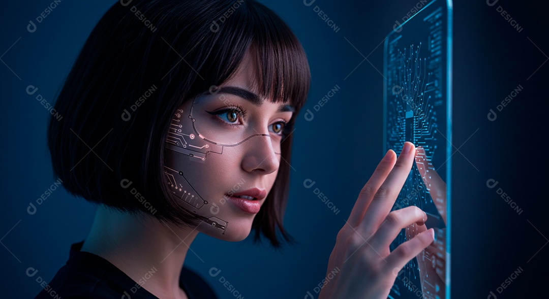 Mulher jovem usando tecnologias avançada de IA