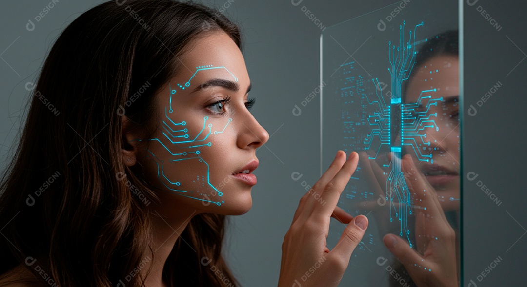 Mulher jovem usando tecnologias avançada de IA