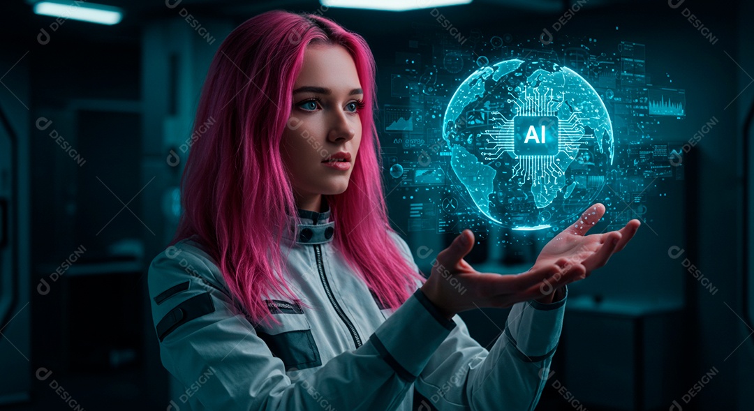 Mulher jovem usando tecnologias avançada de IA