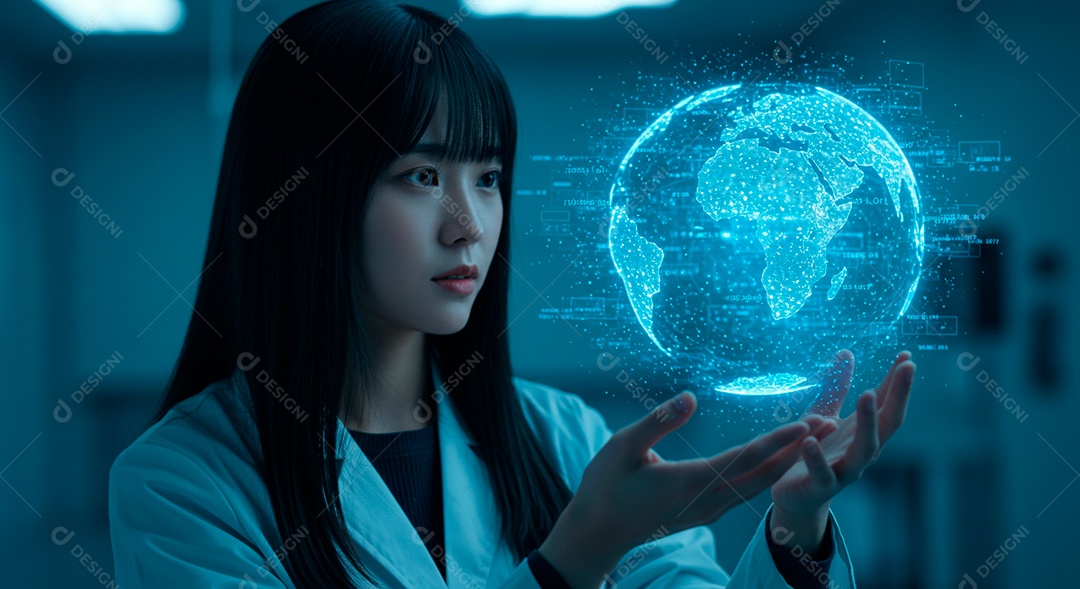 Mulher jovem usando tecnologias avançada de IA