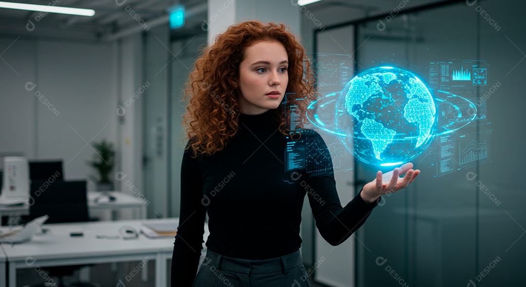 Mulher jovem usando tecnologias avançada de IA