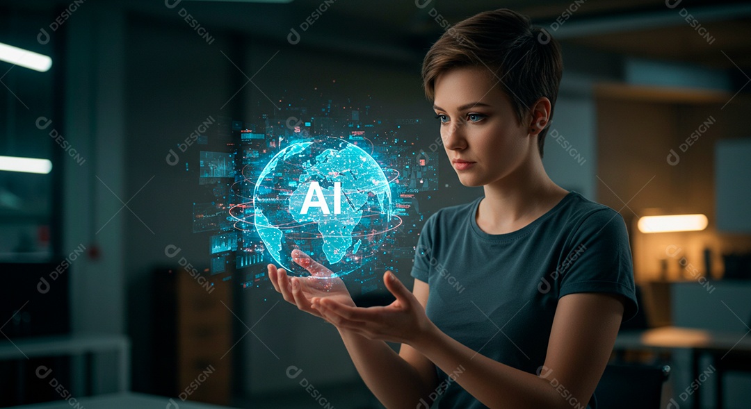 Mulher jovem usando tecnologias avançada de IA