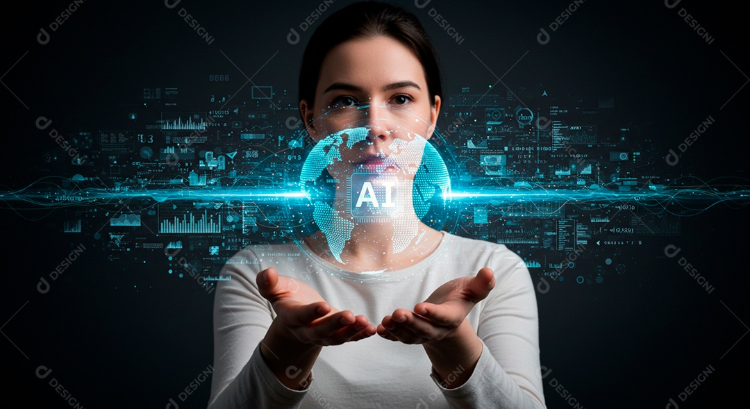 Mulher jovem usando tecnologias avançada de IA