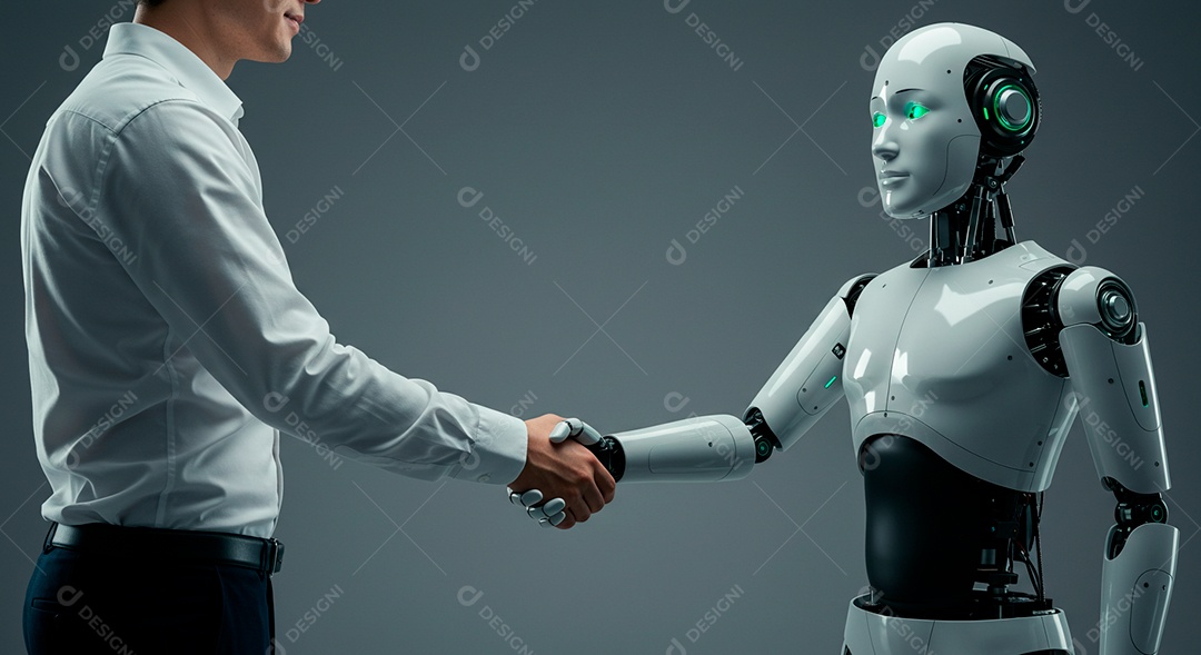 Retrato realista de homem jovem ao lado de Robô