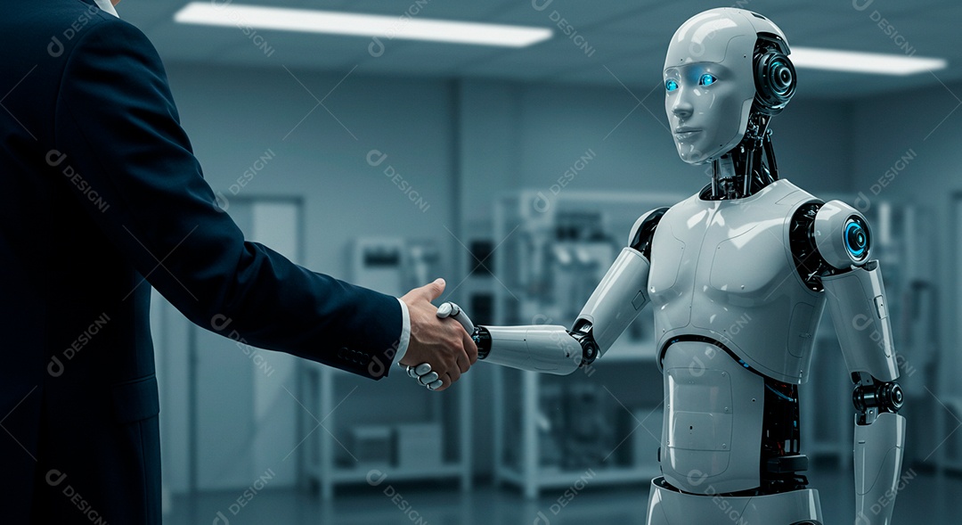 Retrato realista de homem jovem ao lado de Robô