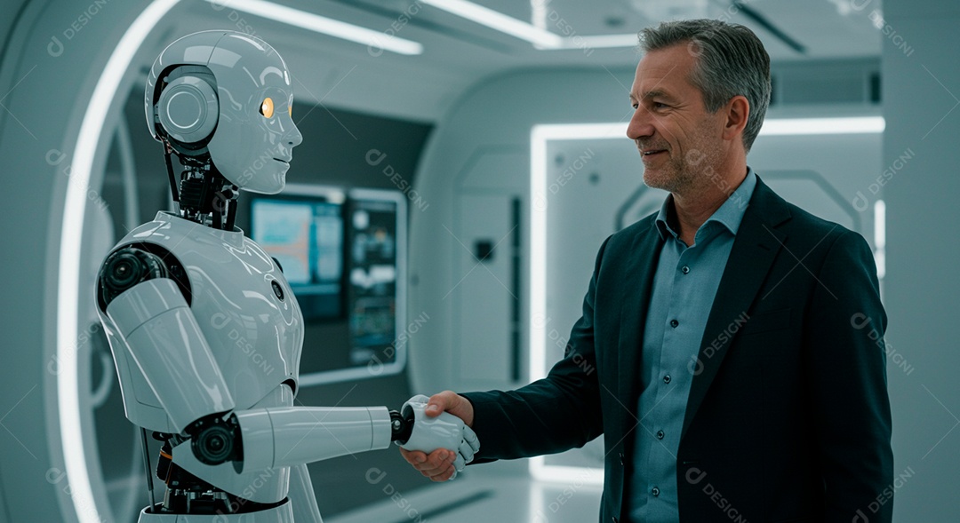 Retrato realista de homem jovem negro ao lado de Robô