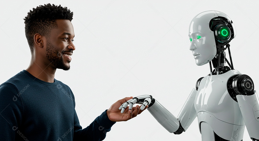 Retrato realista de homem jovem negro ao lado de Robô