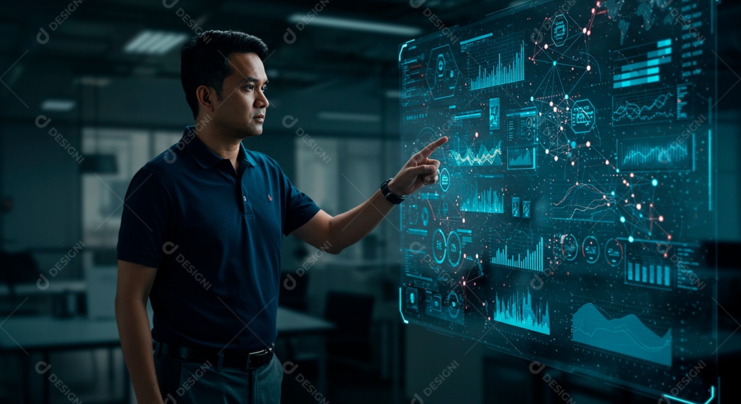 Homem jovem usando tecnologias avançada de IA