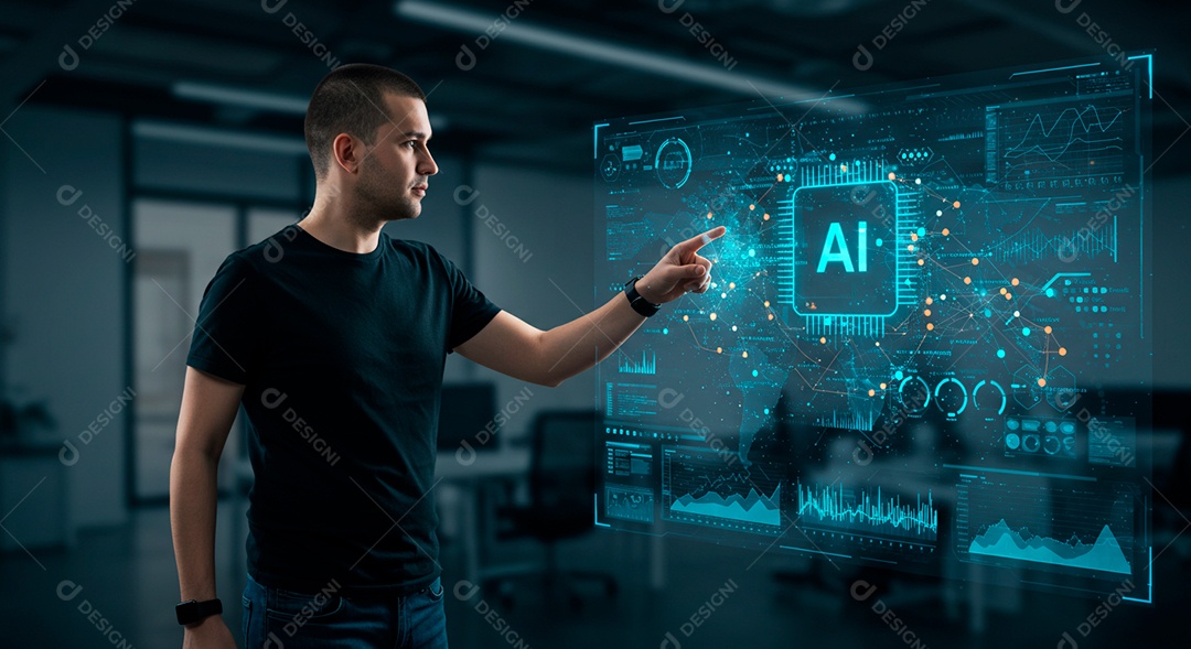 Homem jovem usando tecnologias avançada de IA