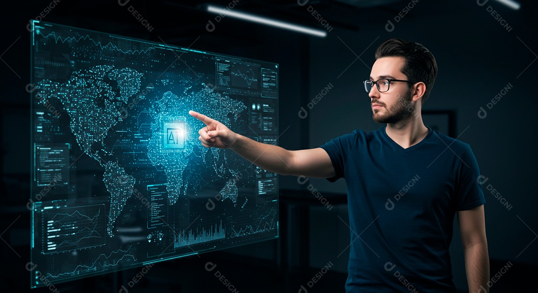 Homem jovem usando tecnologias avançada de IA