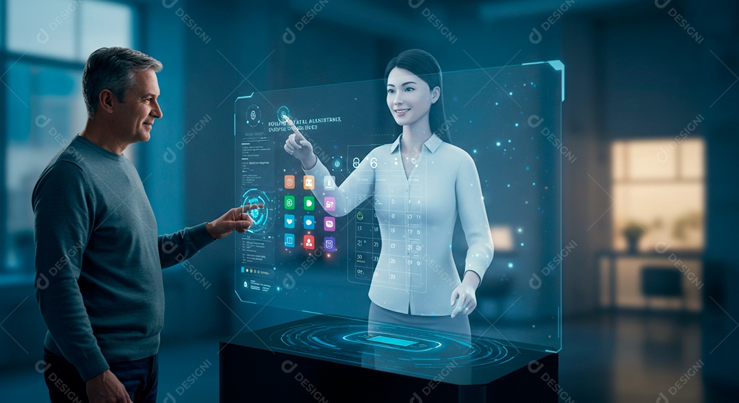 Retrato realista de homem se comunicando atraves de tecnologia avançada