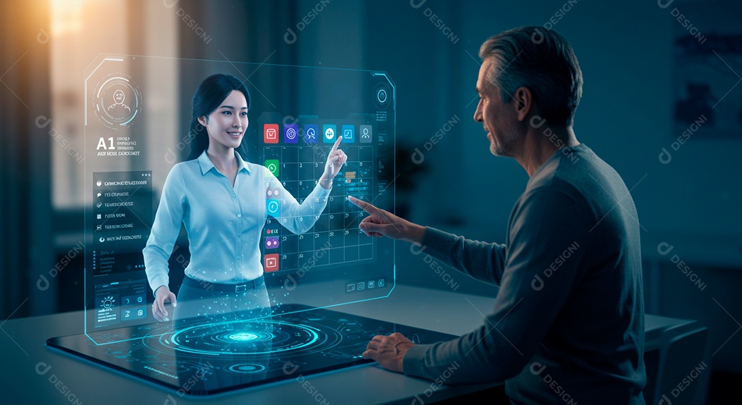 Retrato realista de homem se comunicando atraves de tecnologia avançada