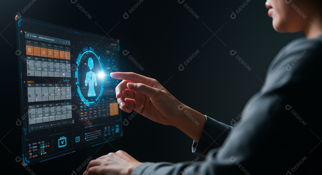 Mulher jovem usando tecnologias avançada de IA