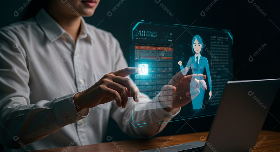 Mulher jovem usando tecnologias avançada de IA