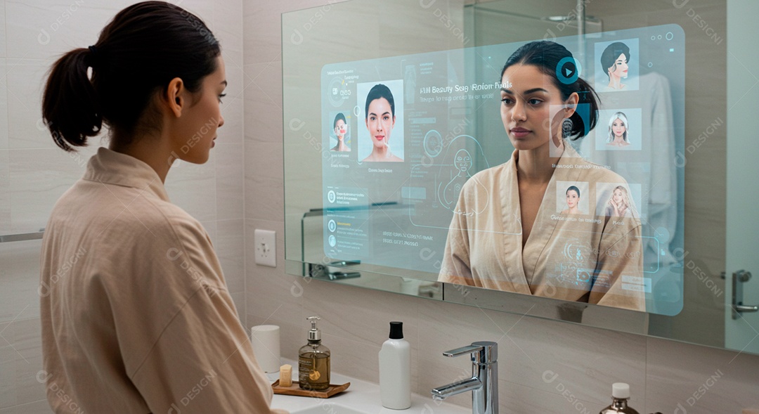 Mulher jovem usando tecnologias avançada de IA